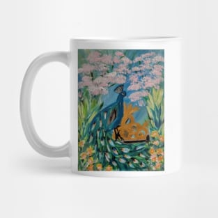 A peacock sitting on a gate in n a garden with flowers and cherry blossoms around it . Mug